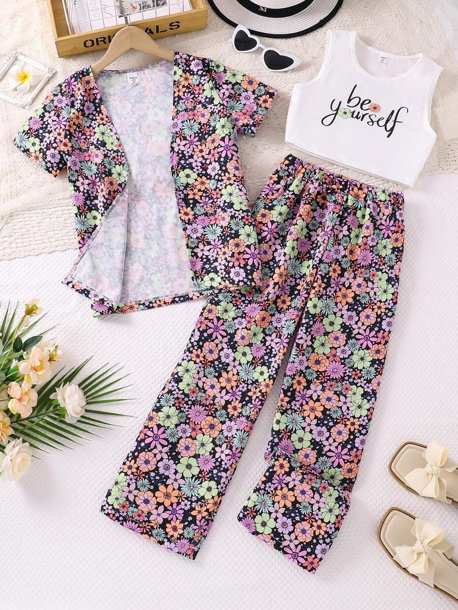 Tween Girl Cool & Casual Three-Piece Set For Spring, Summer And Autumn - Purple - View 1