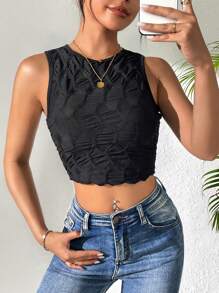 SHEIN LUNE Áo crop top màu trơn họa tiết mỏng cho mùa hè - màu đen - Xem 6