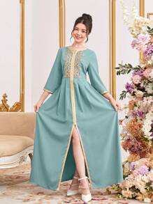 SHEIN Teen Girl Woven Solid Color Patchwork Gold Thread Woven Belt Long Casual Dress - Cadet Blue - View 6