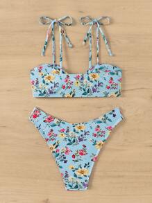 SHEIN Swim 女士花卉印花肩結比基尼套裝，隨機印花，適合夏季海灘度假 - 彩色 - 查看 2