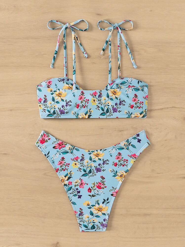 Women Floral Print Shoulder Knot Bikini Set, Random Prints, Suitable For Summer Beach Vacation