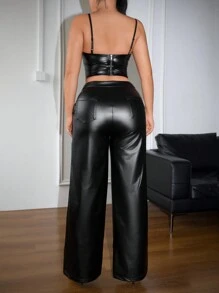 SHEIN SXY x STAS Women PU Asymmetrical Hem Slim Fit Camisole Top And Pants Two Pieces Set For Summer - Black - View 2