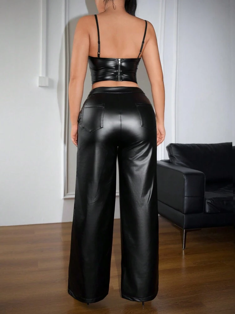 Women PU Asymmetrical Hem Slim Fit Camisole Top And Pants Two Pieces Set For Summer