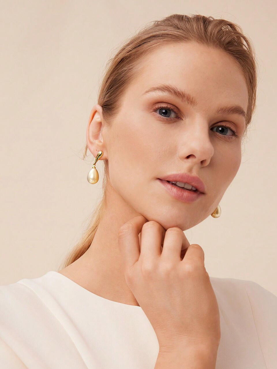 MOTF CHAMPAGNE-COLORED TEARDROP FAUX PEARL EARRINGS WITH GOLD-PLATING