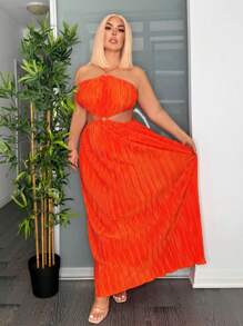 SHEIN SXY Plus Size Pleated Toothpick Holiday Sexy Dress - Orange - View 4