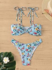 SHEIN Swim 女士花卉印花肩結比基尼套裝，隨機印花，適合夏季海灘度假 - 彩色 - 查看 1