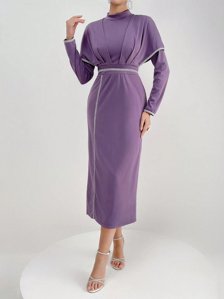Elegant 2 In 1 Patchwork Woven Belt Stand Collar Waist-Cinched Dress