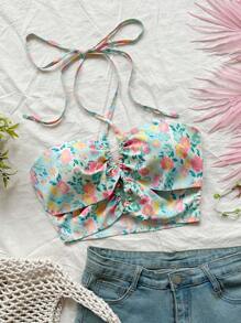 Soleia WYWH 女士薄荷蓝色花卉印花露背前镂空交叉系带波西米亚风度假音乐节夏季吊带背心 - 彩色 - 查看 1