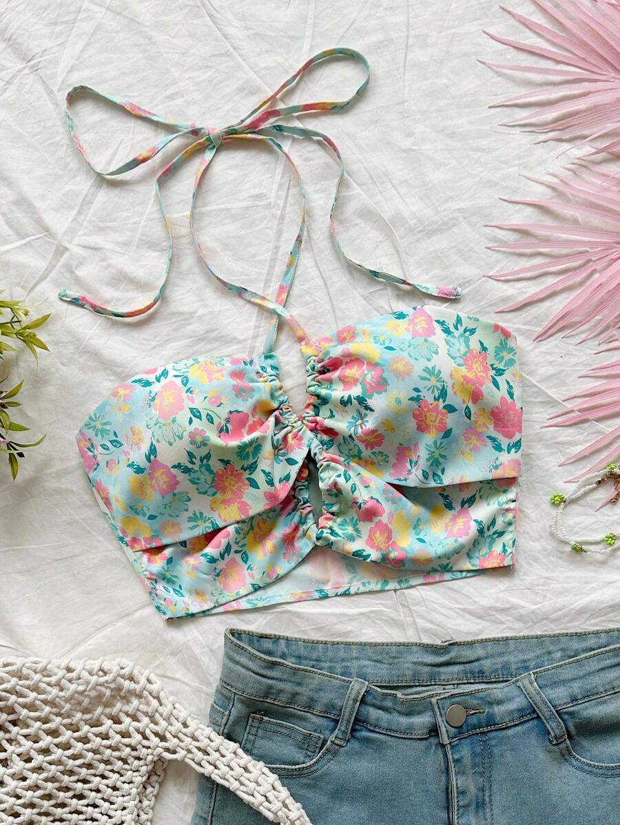 Soleia WYWH 女士薄荷蓝色花卉印花露背前镂空交叉系带波西米亚风度假音乐节夏季吊带背心 - 彩色 - 查看 1