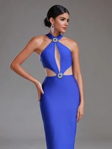 Modphy Women's Fashionable Sexy Backless Bodycon Long Hollow-Out Bandage Blue Celebrity Party Dress - Royal Blue - View 7