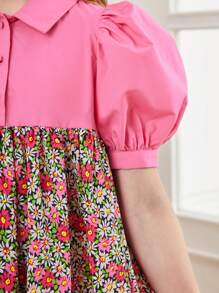 SHEIN Vestido midi holgado para niña adolescente con cuello vuelto, mangas abullonadas y bloques de color empalmados - Blanco - Ver 4