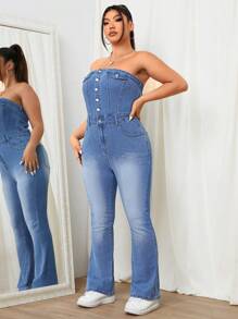 SHEIN ICON Solid Color Simple Daily Plus Size Denim Jumpsuit - Blue - View 6