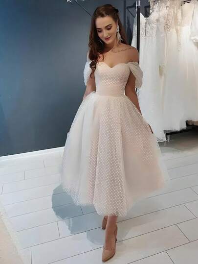 2024新款短款婚纱，露肩及踝尖头薄纱新娘礼服，华丽优雅，适合舞会、半正式婚礼、生日、毕业典礼、返校节等场合，春季必备。