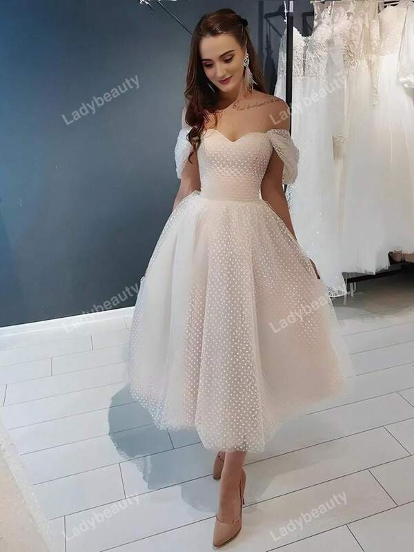 Short Wedding Dress 2024 Off Shoulder Ankle Length Point Tulle Bridal Gown Gorgeous Brides Tulle Graceful Elegant Prom Semi Formal Wedding Guest Dress, For Birthday, Graduation, Homecoming Party Dress
