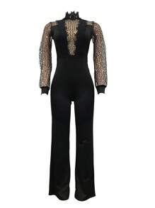 女性空心透視長袖長褲綁帶連身褲 - 黑色 - 查看 5