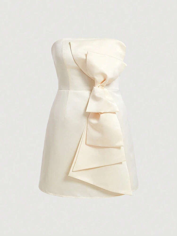 Plus Apricot-Colored Summer Party & Dating 3D Bowknot Decor Strapless A-Line Satin Dress