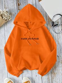 SHEIN EZwear 印有字母圖案的帶帽長袖運動衫 - 橘色 - 查看 2