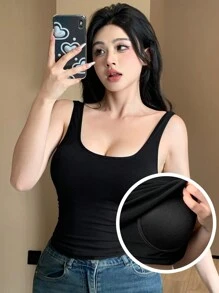 DAZY Damen Sommer einfarbiges Alles-passend Trägerhemd mit eingebauter Bra Polsterung Ganzjahres Trägershirt, Kleidung für den Schulanfang