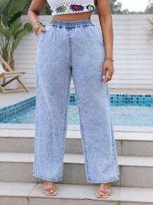 SHEIN SXY Plus Size Nữ Dáng Rộng Quần Jean Denim Chân Thẳng, Quần Jean Lưng Co Giãn Lễ Hội Âm Nhạc Có Viền Có Thể Điều Chỉnh, Denim Xanh - Rửa nhẹ - Xem 1