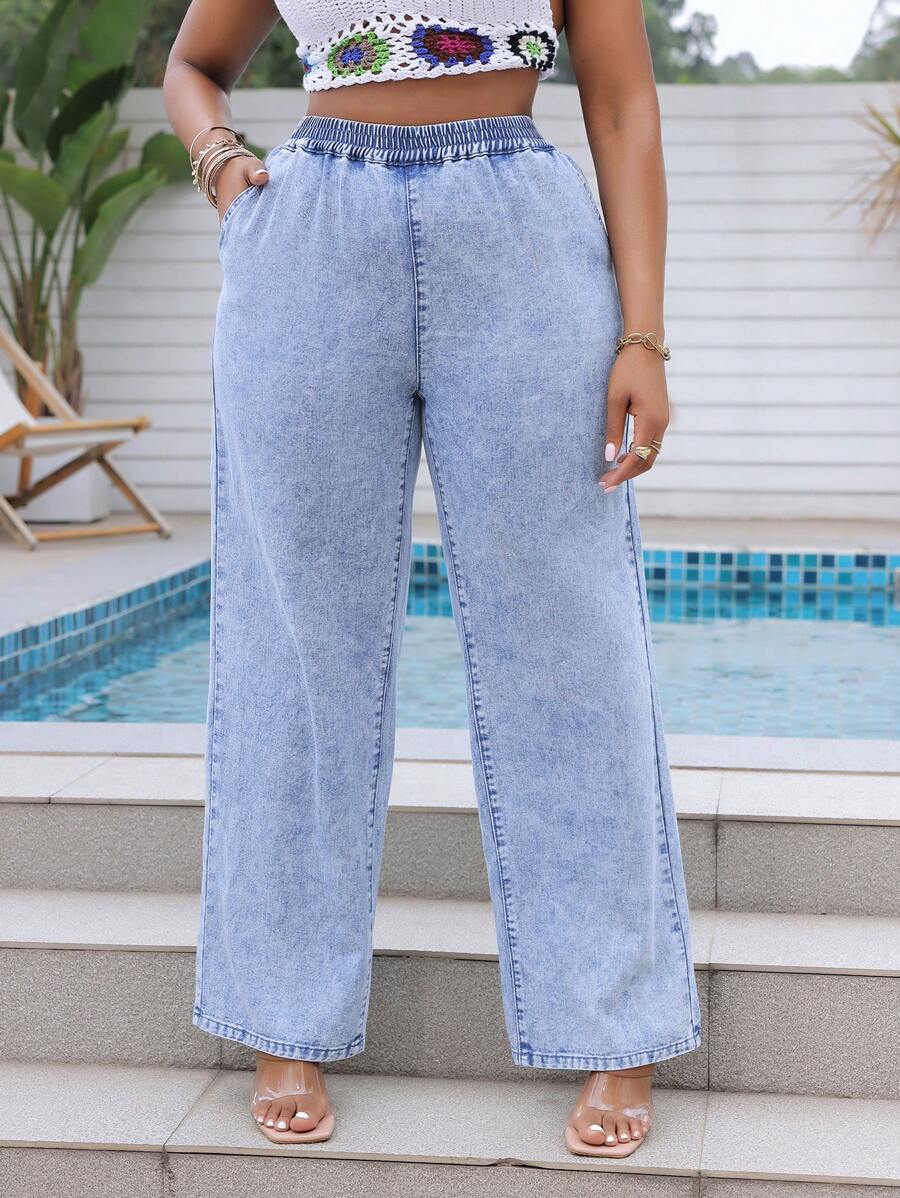 SHEIN SXY Plus Size Nữ Dáng Rộng Quần Jean Denim Chân Thẳng, Quần Jean Lưng Co Giãn Lễ Hội Âm Nhạc Có Viền Có Thể Điều Chỉnh, Denim Xanh - Rửa nhẹ - Xem 1
