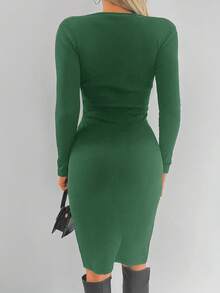 RueChic Vestido ajustado con cremallera y dobladillo dividido - Verde Oscuro - Ver 2