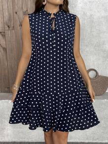 SHEIN LUNE 大碼女性夏季圓點無袖連衣裙 - 藍白色 - 查看 6