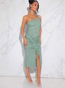 L'Amorae Vestido con un hombro, cordón y drapeado - Verde - Ver 5