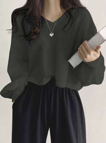 DAZY 女式纯色 V 领落肩长袖 T 恤，秋季女装短款女式上衣 - 軍綠色 - 查看 5