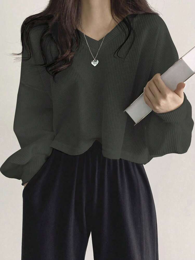 Women's Solid Color V-Neck Drop Shoulder Long Sleeve T-Shirt,Fall Women Clothes Crop Women Tops