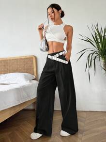 SHEIN EZwear Pantalones casuales de pierna ancha y ajuste holgado con pliegues y bolsillos oblicuos, de unicolor