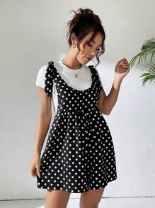Comfortcana Black And White Polka Dot Solid Overall Romper Without Tank Top - Black and White - View 6