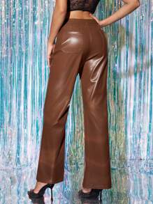 Zolique Women Retro Style PU Flared Pants - Coffee Brown - View 2