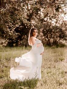 Maternity V-Neck Solid Color Dress, Off-Shoulder Ruffle Sleeve, Suitable For Baby Shower Party Or Maternity Photoshoot - White - View 3