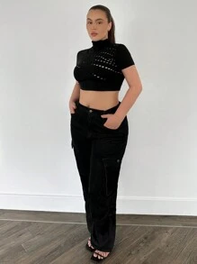 SHEIN SXY Plus Size Stand Collar Solid Color Casual Daily Wear Spring Summer Short Sleeve T-Shirt - Black - View 4