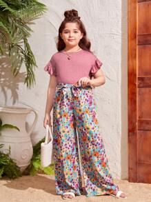 SHEIN Conjunto de camiseta de manga corta de unicolor con pantalones anchos estampados casuales en talla extendida para niña preadolescente - Rosa - Ver 5