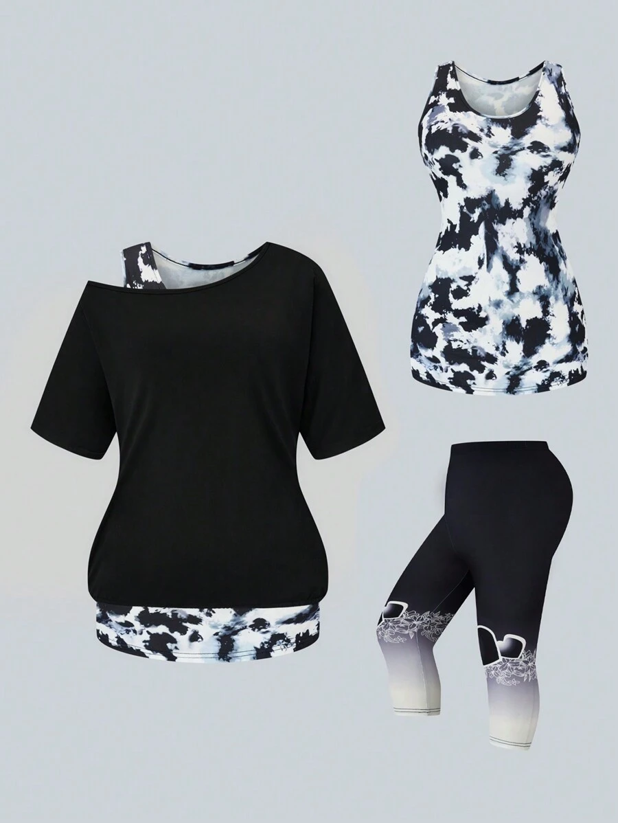 EMERY ROSE Plus Size Women Casual Camouflage Print Asymmetrical Collar Short Sleeve Top & Round Neck Tank Top & Leggings Set - Black and White - View 1