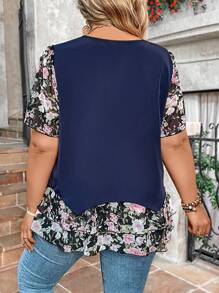 SHEIN LUNE Blusa de verano de manga corta con estampado floral para mujeres de talla grande