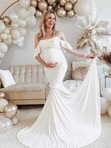 Maternity V-Neck Solid Color Dress, Off-Shoulder Ruffle Sleeve, Suitable For Baby Shower Party Or Maternity Photoshoot - White - View 4