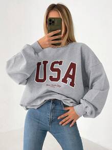 RueChic Letter Graphic Drop Shoulder Sweatshirt - Red - View 6