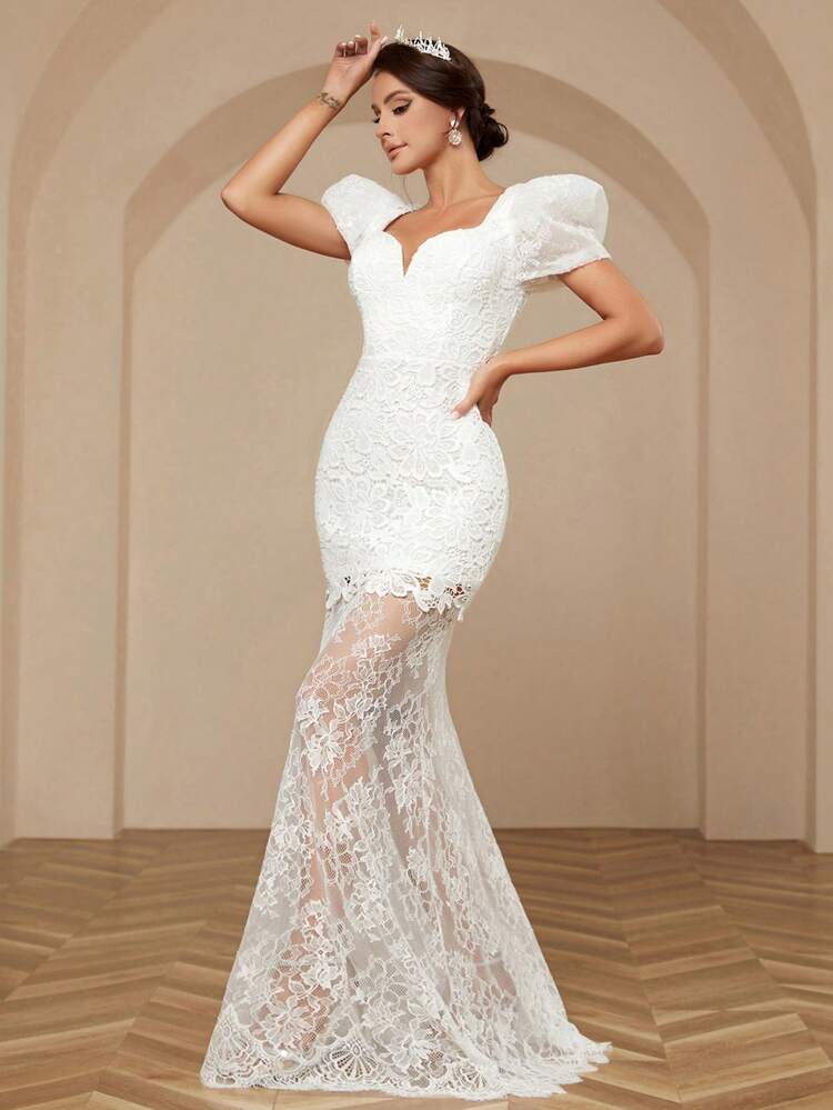 Elegant, Romantic, Sexy And Charming, Fashionable Female Classic White Lace With Breast Pads, Gathered Chest Splicing, Lace Decoration, Sweatheart Collar, V-Shaped Retro Palace Style, Puff Sleeves, High Waist And Hips, Curved Fishtail Dress, Extra Long Tail, Travel Vacation Wedding, Bohemian Style Seaside Wedding Outdoor Wedding Lawn Wedding Formal Wedding Bride Wedding Dress