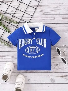 Áo sơ mi ngắn tay in chữ cho bé trai có cổ polo cho mùa hè - Màu xanh lam - Xem 1