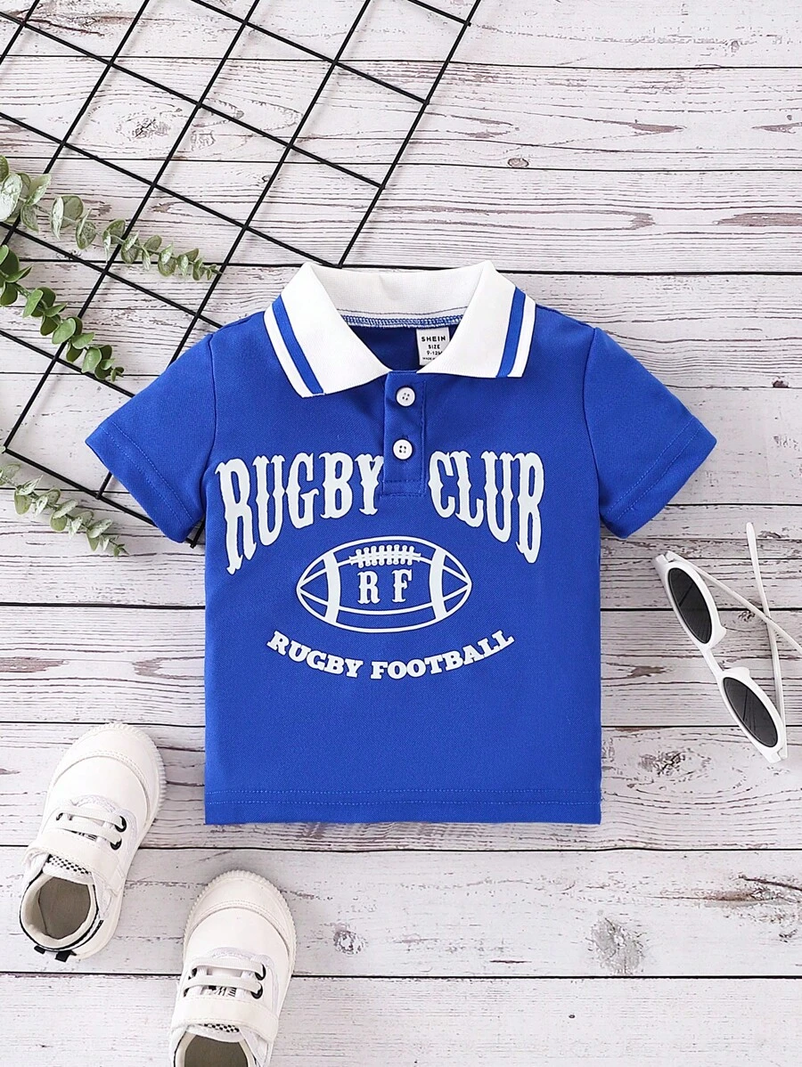 Áo sơ mi ngắn tay in chữ cho bé trai có cổ polo cho mùa hè - Màu xanh lam - Xem 1