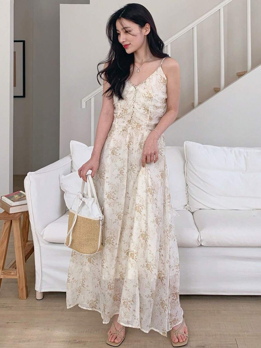 DAZY Đầm maxi hai dây xếp ly in họa tiết cây cỏ mùa hè cho nữ, đầm thường ngày họa tiết hoa. - Màu be - Xem 1