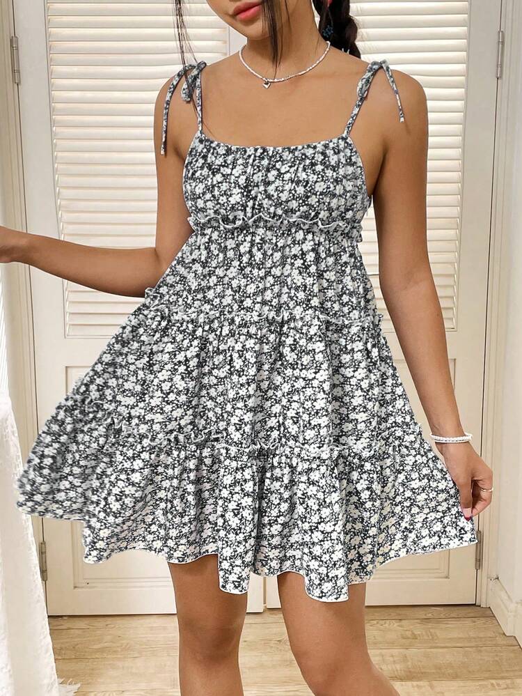 Summer Strap Chiffon Floral Print Layered Ruffle Swing Women Dress For Vacation