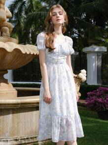 Retro Floral Print Ruffle Hem Vacation Elegant Dress - Multicolor - View 7