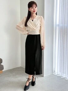 FRIFUL Women Solid Color High Side Slit Spaghetti Strap Dress For Summer Sundress - Black - View 2