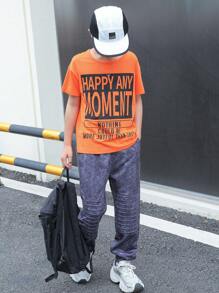 SHEIN 適合青少年男孩的2入組數字印花時尚休閒套裝 - 橘色 - 查看 3