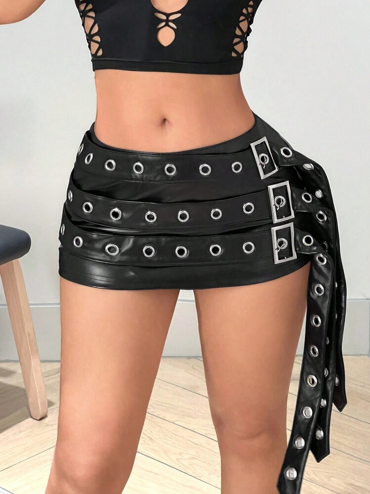 SHEIN ICON Y2k Tight-Fitting PU Belted Black Mini Skirt With