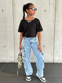 SHEIN Tween Girl Casual Spring/Summer Knitted Solid Color Short Sleeve Top With Round Neckline And V-Back