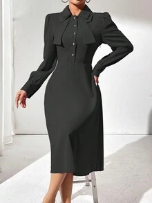 Robe décontractée pour le printemps avec manches bouffantes à volants à col papillon et taille cintrée